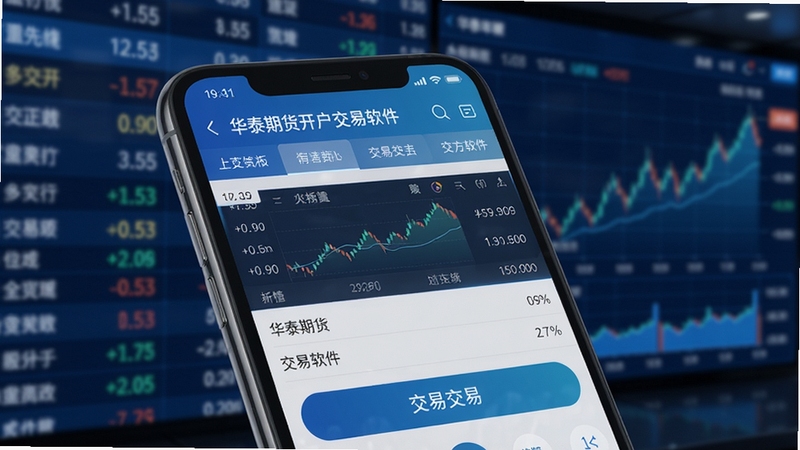 华泰期货开户交易软件官方手机版主界面,展示行情列表与交易按钮,画面主体为智能手机屏幕特写,背景为模糊的金融数据大屏,整体风格商务蓝配色,高细节渲染,适配Boogu模型生成。