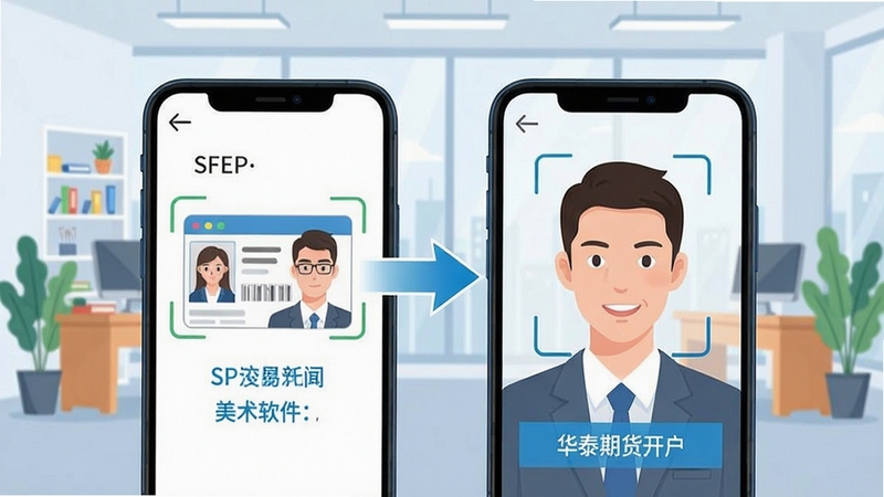 华泰期货开户交易软件开户流程示意图,画面展示手机屏幕上的身份证识别与人脸验证界面,背景为简洁的商务办公环境,插画风格,清晰标注步骤指引,整体色调明快。