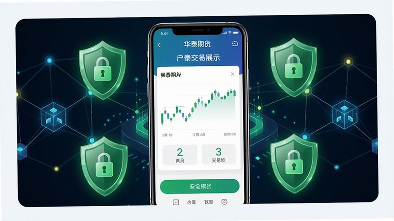 华泰期货开户交易软件交易界面安全展示图,画面中央为手机下单页面,周围环绕绿色安全盾牌与加密锁图标,背景为抽象的区块链网络节点,突出安全可靠氛围。