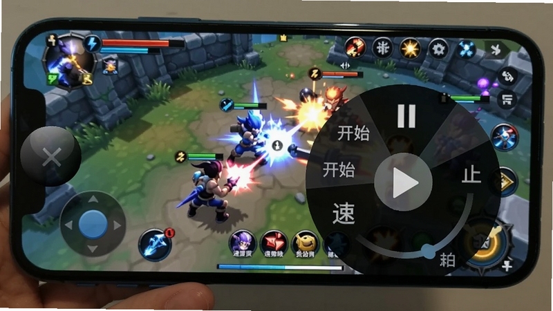 自动点击器+免费悬浮球控制按钮实拍图,游戏画面边缘有一个自定义的悬浮球,点击后弹出包含开始、暂停、停止和速度调节的扇形菜单,背景为热门手机游戏的战斗场景,展示游戏挂机场景下的便捷操作