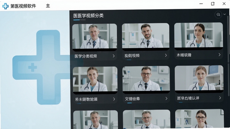 第医视频软件主界面,展示医学视频分类列表,背景为淡蓝色医疗十字标志,画面简洁清晰,突出医学专业氛围,适配Boogu模型生成
