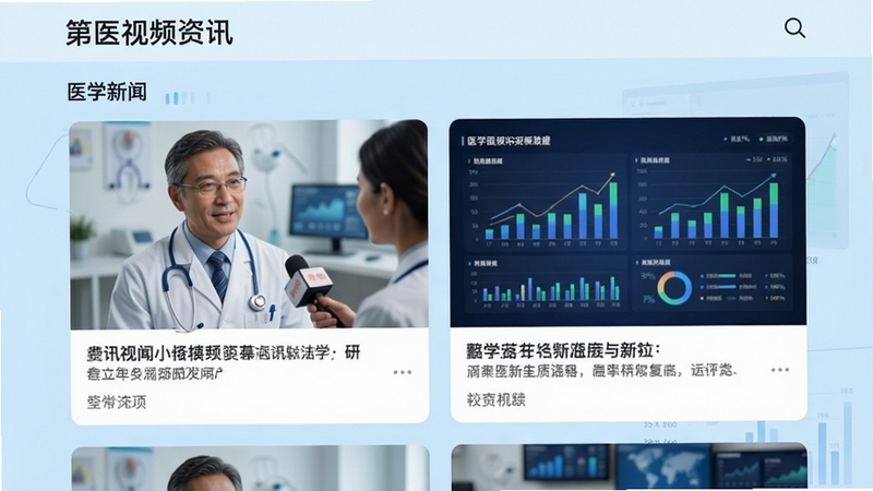 第医视频资讯页面,展示医学新闻卡片流,配有医生采访画面与数据图表,背景为浅蓝色,整体风格清新专业,突出资讯更新速度快