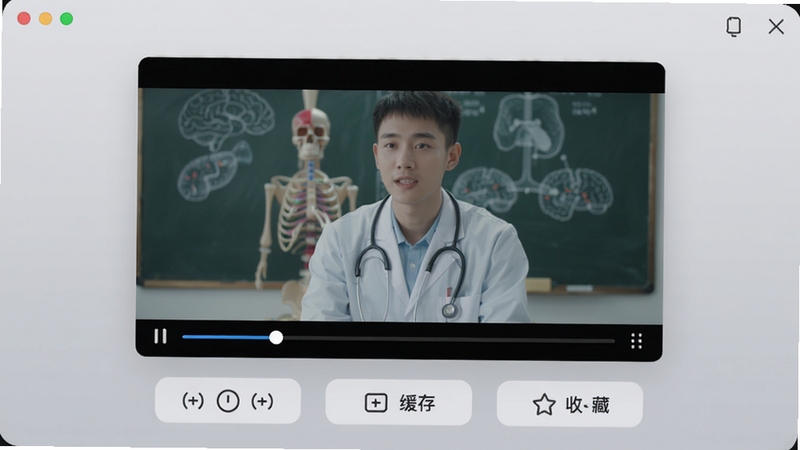 第医视频播放器界面,画面中央为医学教学视频,下方有倍速、缓存、收藏等功能按钮,背景为柔和灰色,突出智能学习交互体验