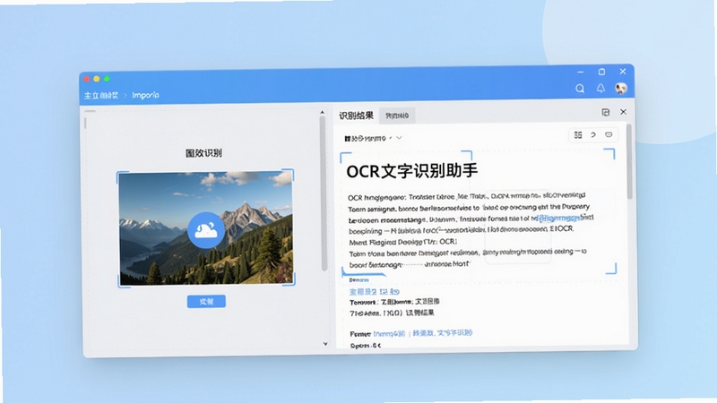 一张展示OCR文字识别助手核心功能的宽幅预览图,画面中央是软件主界面,左侧为图片导入区,右侧为识别结果文本区,背景采用浅蓝渐变色调,界面风格简洁现代,突出文字识别的高效与准确性,整体构图清晰,适合作为软件介绍封面图。