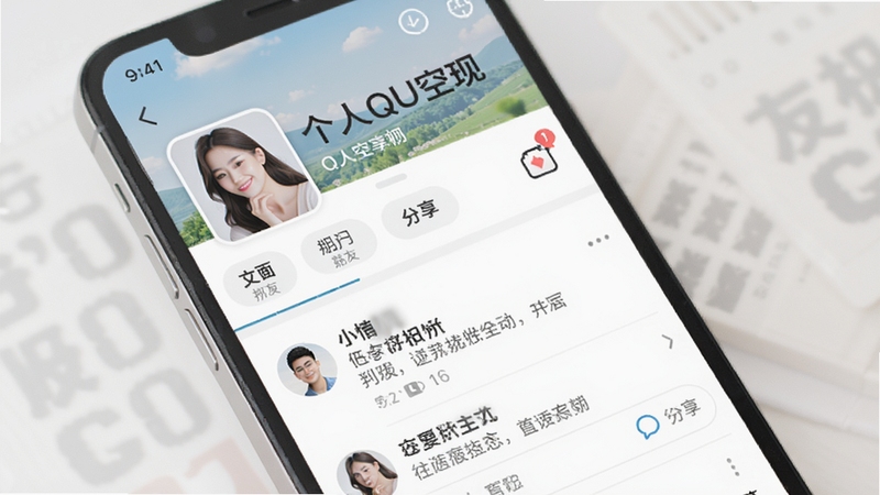 手机端QQ空间页面预览图,展示个人主页背景与好友动态信息流,界面风格清新,布局清晰,突出社交分享功能,画面细腻柔和,光线明亮