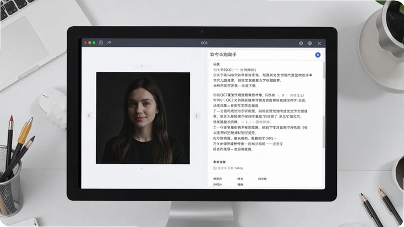 一张现代简约风格的软件功能展示图,画面中央是电脑屏幕显示OCR文字识别助手的主界面,左侧为待识别的图片预览,右侧为识别出的文本结果,背景为浅灰色工作台环境,画面清晰明亮,突出软件的专业与高效