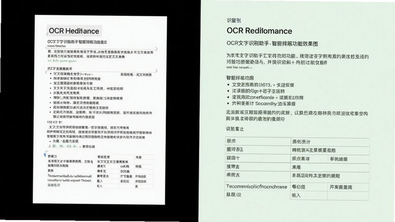 OCR文字识别助手智能排版功能效果图,画面左侧为原始图片,右侧为识别后保留格式的文本内容,段落、列表、表格清晰呈现,背景为柔和的浅绿色工作区,体现软件的智能化与人性化