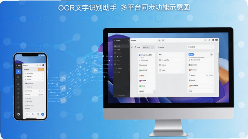 OCR文字识别助手多平台同步功能示意图,画面中一部手机和一台电脑同时显示软件界面,中间以流畅的线条连接,象征数据同步,背景为渐变蓝色,充满科技感与时尚感