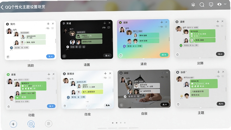 QQ个性化主题设置界面预览,展示多款不同风格的聊天窗口皮肤,包括简约白、深邃黑、清新渐变等,界面布局清晰,色彩搭配和谐,体现出软件丰富的自定义选项,适合用于功能介绍配图