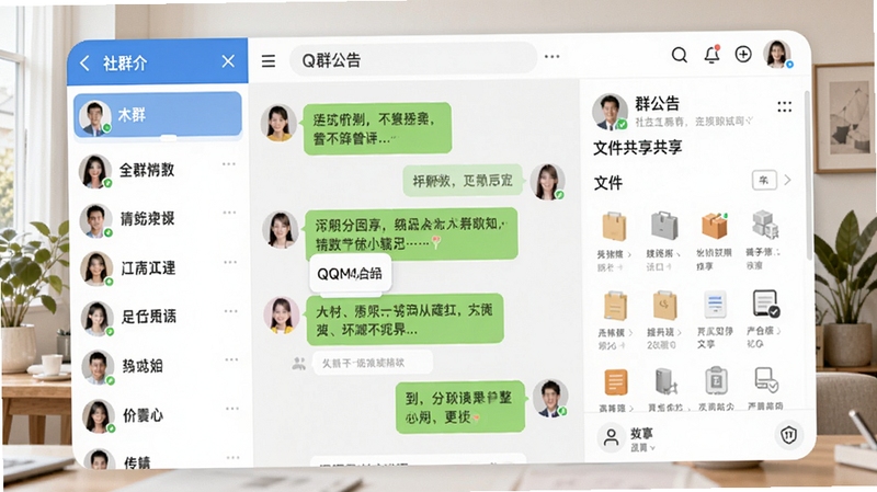 QQ群聊与频道功能场景图,画面展示一个活跃的社群聊天界面,左侧为频道列表,右侧为群公告与文件共享区域,整体色调明亮,体现组织有序的社群互动氛围,适合用于功能介绍