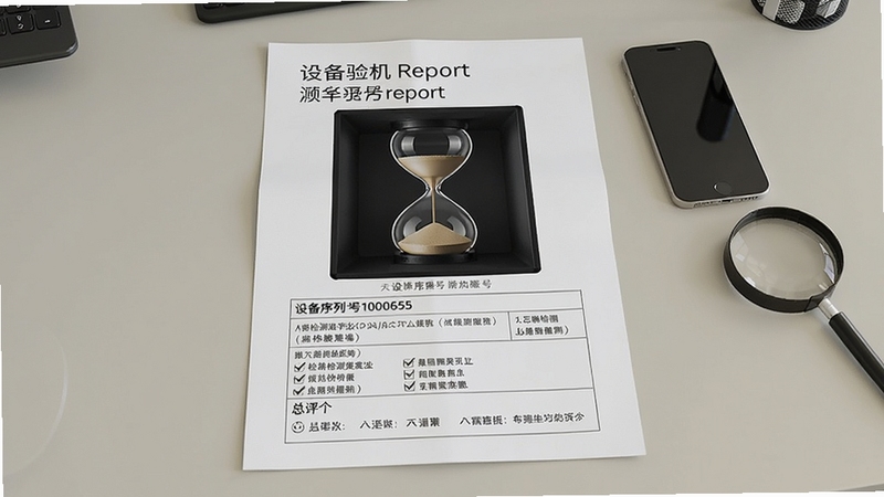 一张打印出来的沙漏验机详细报告纸张平铺在桌面,报告上印有设备序列号、各项检测结果打勾的选项和总评分,旁边放着一部智能手机和放大镜,背景是简约的办公桌,主体坐标位于画面中央,沙漏验机报告预览图