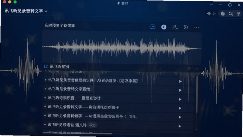 讯飞听见录音转文字软件主界面预览图,画面中央显示实时转写波形与字幕流,背景为深蓝色科技感渐变,点缀浅金色声波线条,整体风格简洁专业,突出AI语音识别核心功能,符合效率办公软件视觉调性