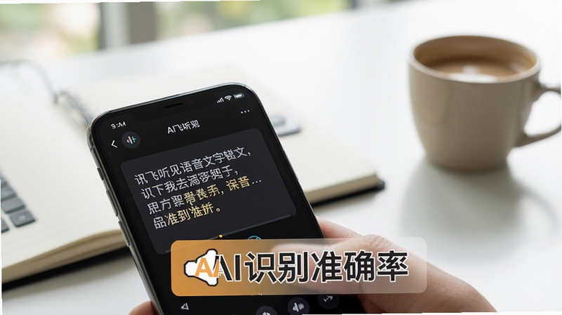 讯飞听见语音转文字功能特写,画面展示手机屏幕上一段中文语音实时变成文字字幕,背景为明亮办公桌场景,散落笔记本和咖啡杯,前景突出AI识别准确率标识,画面风格写实清晰,色调柔和自然