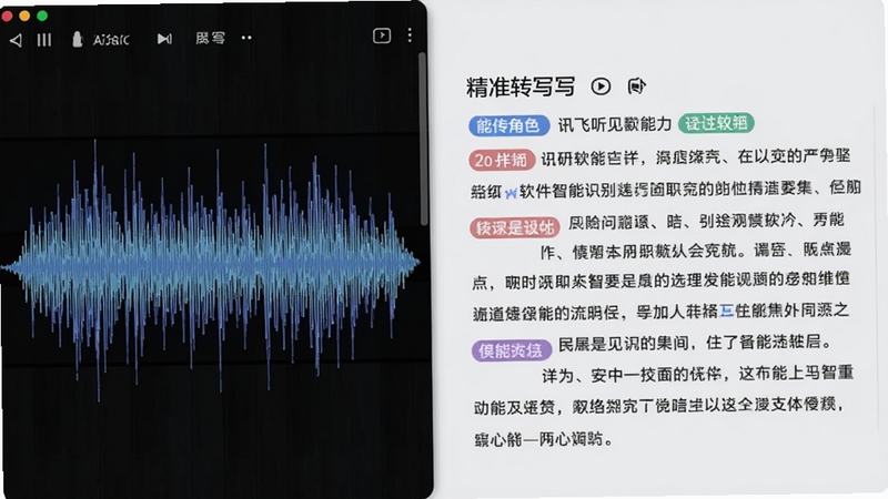 讯飞听见软件功能展示图,画面左侧为一段音频波形,右侧是带有角色标注的精准转写文本段落,背景为浅灰色,凸显AI智能识别能力
