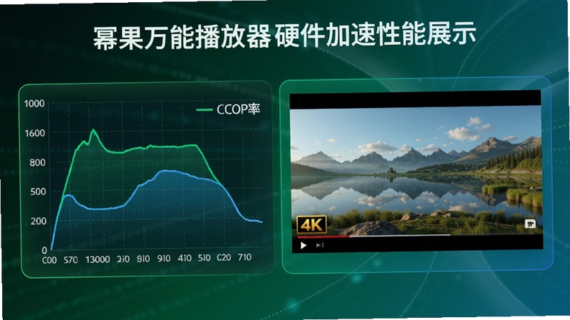 幂果万能播放器硬件加速性能展示图,画面左侧为CPU占用率曲线图,右侧为流畅播放的4K风景视频画面,整体以绿色与蓝色为主色调,突出性能与流畅