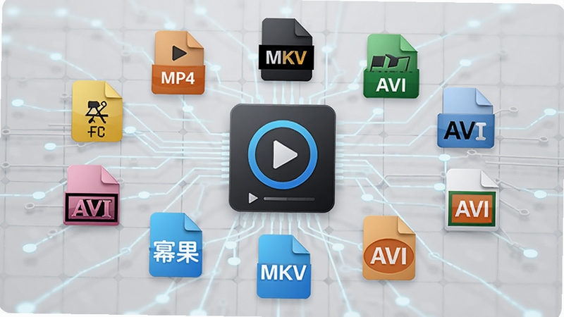 幂果万能播放器解码格式示意图,画面中展示多种视频文件图标(如MP4、MKV、AVI)围绕在播放器图标周围,背景为浅灰色科技网格,突出万能兼容特性