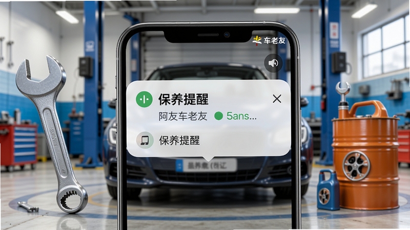 车老友保养提醒功能示意图,手机通知栏弹出保养提醒,背景为车辆维修车间,有扳手和机油桶元素,色彩明亮,突出车老友品牌