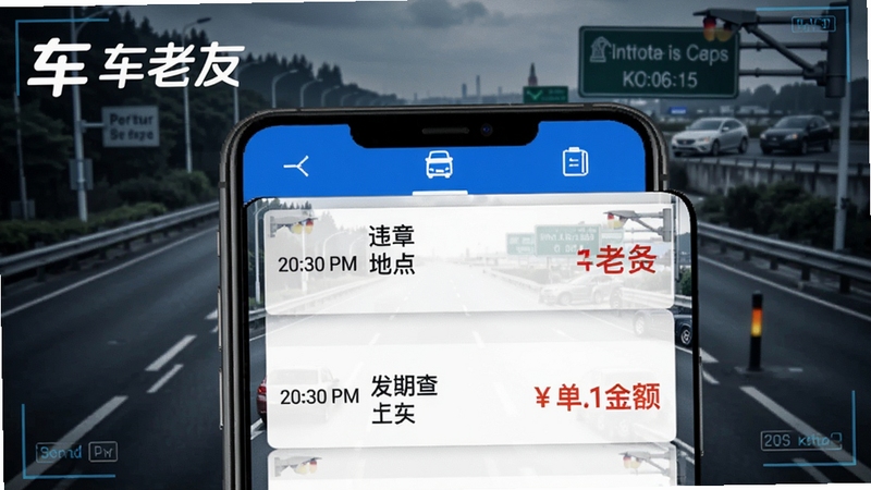 车老友违章查询界面设计图,手机屏幕显示违章列表,每条有违章时间地点和罚款金额,背景为道路监控风格,色彩醒目,左上角车老友Logo