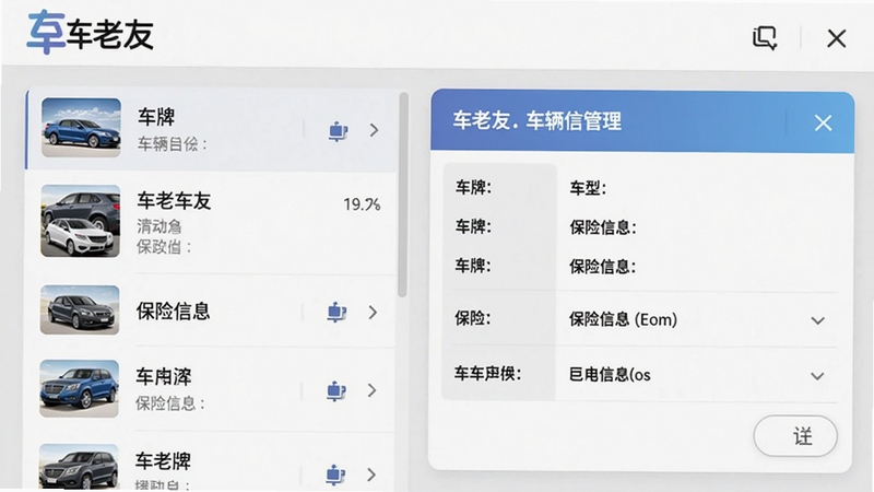 车老友软件车辆信息管理界面截图风格图片,左侧为车辆列表,右侧为详情卡片,展示车牌、车型、保险信息,背景浅灰色,界面清晰,突出软件名称车老友