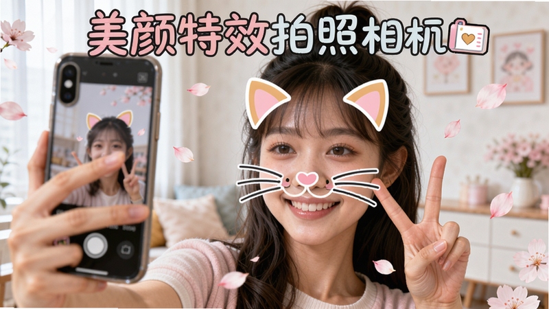 美颜特效拍照相机动态贴纸效果图,画面中一位年轻女孩对着手机镜头比出剪刀手,脸上叠加了可爱的猫咪胡须和耳朵贴纸,周围有飘落的樱花花瓣特效,背景是明亮的室内环境,整体风格活泼可爱,突出贴纸的趣味性和实时跟踪效果,软件名称美颜特效拍照相机以艺术字形式出现在画面顶部