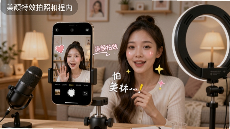 美颜特效拍照相机视频录制功能图,画面中一部手机固定在支架上,屏幕显示录制界面,一位女生正在对着镜头说话,画面叠加了柔焦美颜效果和文字贴纸,背景是温馨的房间,手机旁边有麦克风和补光灯,整体氛围专业又日常,软件名称美颜特效拍照相机作为界面标题显示在屏幕上方