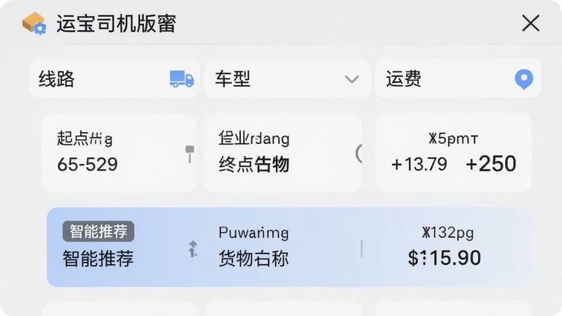 运宝司机版App的货源筛选界面,屏幕上有多个筛选条件选项如“线路”“车型”“运费”,下方是几条货源卡片,卡片上有起点城市、终点城市、货物名称和运费金额,其中一条高亮显示“智能推荐”标签,背景为浅蓝色,界面清晰,符合货运App的实用风格。