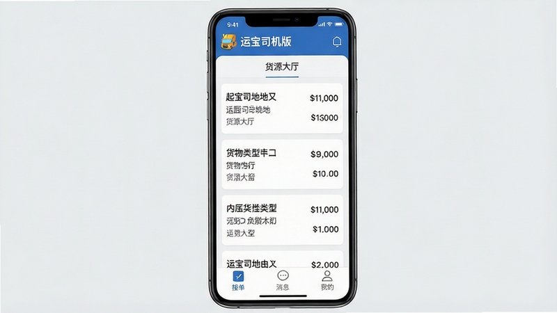 一张运宝司机版App的手机主界面截图,界面顶部显示“运宝司机版”Logo和“货源大厅”标签,中部以卡片列表形式展示货源信息,包含起止地、货物类型、运费金额,底部导航栏有“接单”“消息”“我的”三个图标,整体UI风格简洁现代,背景为浅灰色,突出货运App的专业感,画面明亮清晰,适合应用商店宣传图。