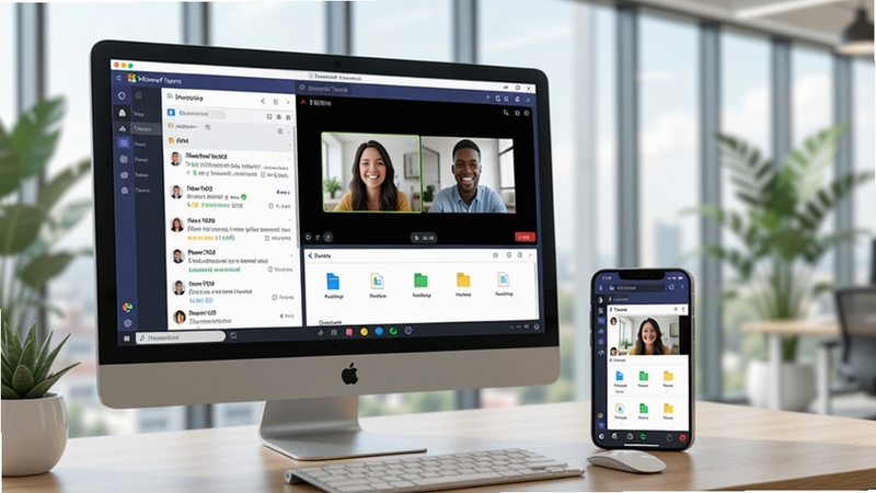 一张宽幅的现代办公室场景,电脑屏幕和手机屏幕上同时显示 Microsoft Teams 的界面,界面中包含聊天列表、会议视频窗口和文件共享区域,背景是明亮的落地窗和绿植,整体色调清新自然,突出团队协作与远程沟通的主题,画面清晰,细节丰富。