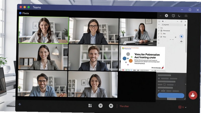 Microsoft Teams 视频会议界面,屏幕上显示多位参会者的视频窗口,其中一人正在共享屏幕展示幻灯片,右侧有聊天和举手图标,整体界面简洁专业,背景为明亮的办公室,色彩自然,细节丰富。