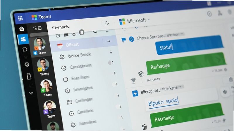 Microsoft Teams 的聊天界面特写,屏幕中央显示多个频道列表和对话气泡,左侧有团队成员头像,右侧是正在输入的状态栏,界面采用微软 Fluent Design 风格,色彩明快,细节清晰,突出信息沟通的高效与条理性。
