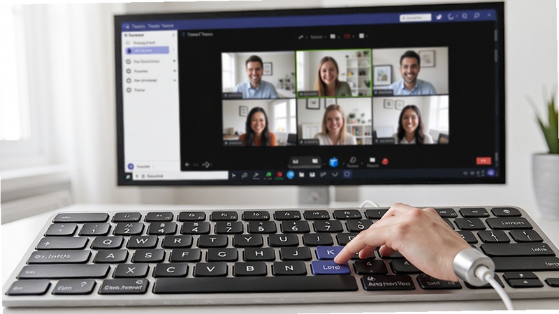 Microsoft Teams 快捷键使用场景图,键盘特写,屏幕背景显示 Teams 的会议画面,突出快捷操作的便利性,色调简洁明亮,细节丰富。