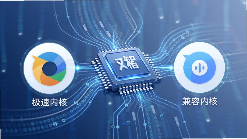 小智双核浏览器功能示意图,左侧为极速内核图标,右侧为兼容内核图标,中间由一块智能芯片连接,背景为流动的数据光线,画面主体突出双核自动切换的科技感,色调以蓝色和白色为主