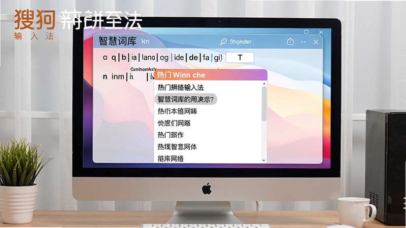 搜狗拼音输入法智慧词库功能演示,电脑屏幕上显示输入拼音后候选词列表,包含热门网络词汇,界面现代,色彩鲜明,展示软件名称。
