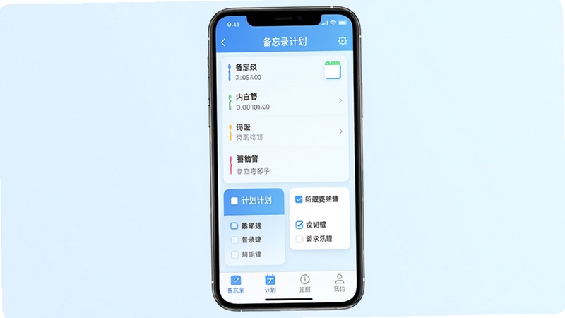 备忘录计划app主界面展示,手机屏幕中央显示分类清晰的笔记列表和待办卡片,背景为浅色渐变,主色调为蓝色,图标风格简洁现代,底部导航栏包含备忘录、计划、提醒、我的四个标签,画面整体明亮清晰,突出软件的便捷管理特性