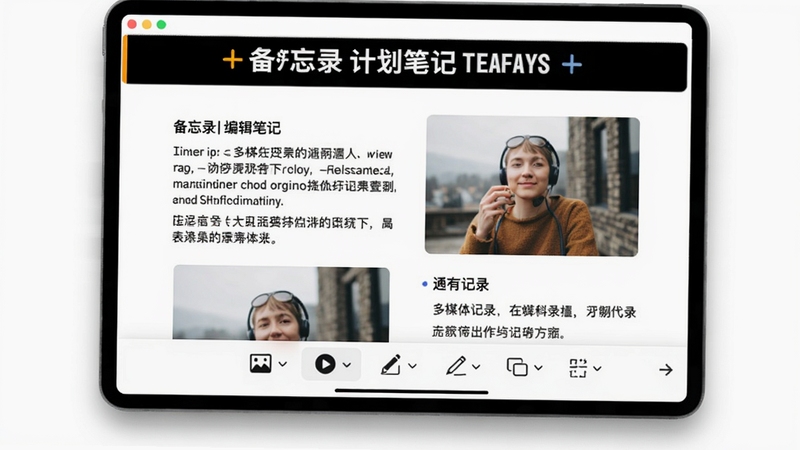 备忘录计划笔记编辑界面,屏幕上显示文字与图片混合排版,顶部有加粗标题栏,下方工具栏包含插入图片、录音、手绘等图标,背景为干净白色,配以柔和阴影,展示软件的多媒体记录能力