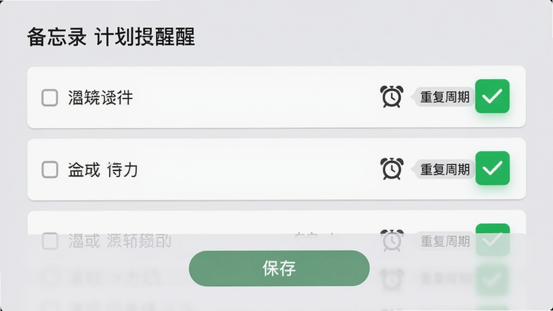 备忘录计划提醒设置页面,显示待办事项列表,每项右侧有闹钟图标和重复周期标签,底部有保存按钮,背景为浅灰色,列表项以卡片形式呈现,绿色勾选按钮突出已完成状态,整体风格清爽直观