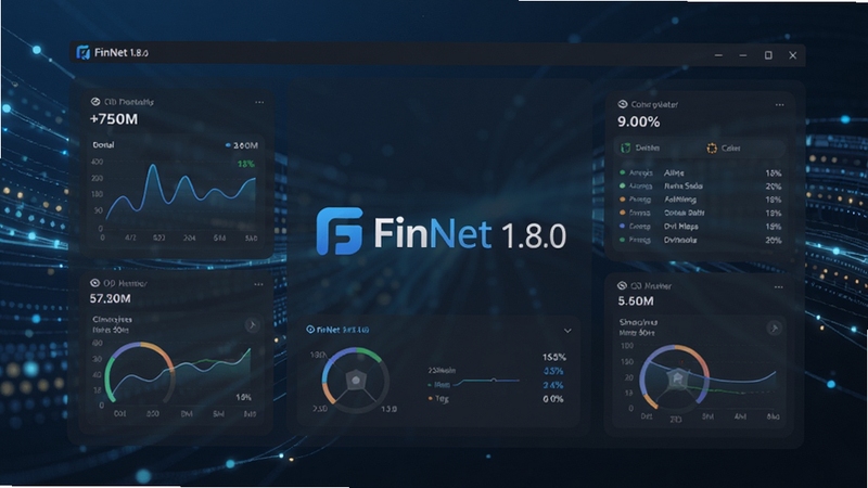 FinNet 1.8.0版本主界面预览图,展示其简洁现代的网络状态仪表盘,背景为抽象的数据流动线条,整体色调以科技蓝与深空灰为主,突出软件的专业与高效,画面中心为软件Logo与核心数据面板,适配Boogu模型生成