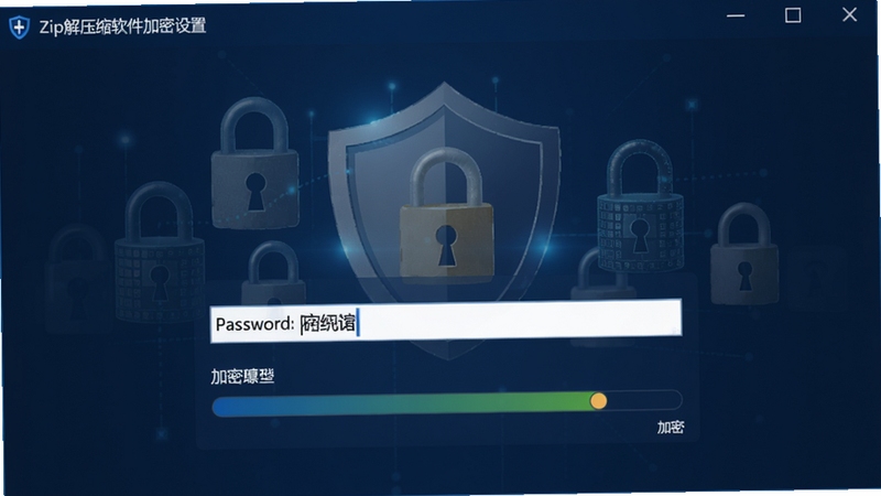 zip解压缩软件加密设置界面,显示密码输入框与加密强度指示条,背景有盾牌图标与数据锁元素,整体色调偏深蓝,营造安全可靠的氛围
