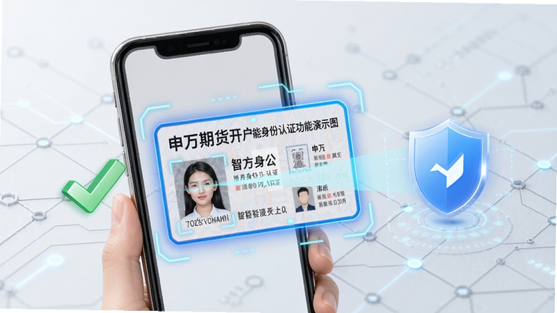 申万期货开户智能身份认证功能演示图,画面展示手机扫描身份证的过程,身份证轮廓高亮,旁边有对勾与安全盾牌图标,背景为浅灰色科技网格,色调以蓝白为主,清晰展示人脸识别框,风格简洁现代