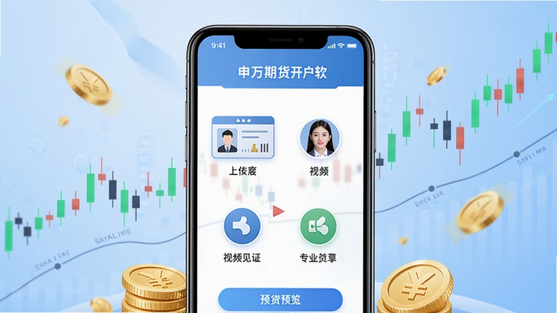 申万期货开户软件主界面预览图,画面中央显示手机屏幕,屏幕内是期货开户流程页面,包含身份证上传、视频见证等步骤图标,背景为浅蓝色渐变,周围点缀K线图与金币元素,整体风格商务科技感,高清渲染