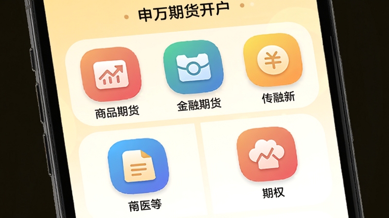 申万期货开户多品种选择界面预览图,手机屏幕上展示商品期货、金融期货、期权等图标按钮,每个图标下方有对应名称,背景为淡黄色渐变,图标设计圆润彩色,整体布局整齐,风格活泼友好,适合金融科技类配图