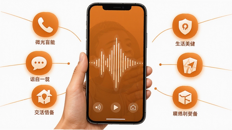 微光盲人无障碍生活辅助平台语音交互功能示意图,展示用户对着手机说话,屏幕显示语音波形动画,周围有代表不同功能模块的图标,如电话、短信、导航等,整体色调以暖橙色为主,体现出智能与便捷