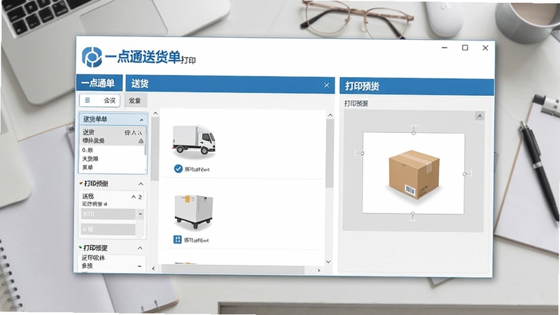 一点通送货单打印软件主界面预览图,展示软件logo、送货单模板列表和打印预览功能区域,界面风格简洁商务,以蓝白为主色调,背景为浅灰色工作台