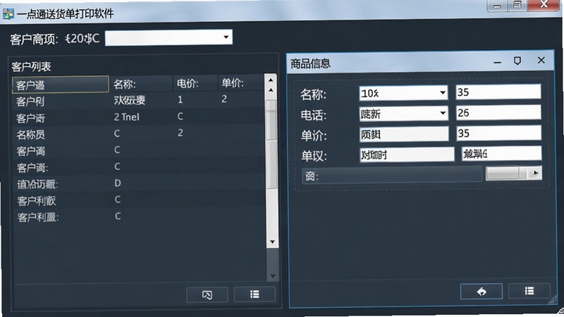 一点通送货单打印软件自定义信息管理界面,展示客户列表和商品信息编辑窗口,包含名称、电话、单价等字段,界面布局规整