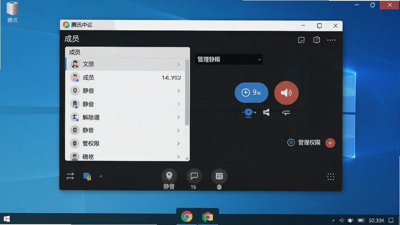 腾讯会议会议管理界面,展示会议控制面板,包含成员列表、静音/解除静音按钮、管理权限选项,界面简洁清晰,背景为电脑屏幕上的软件操作界面。