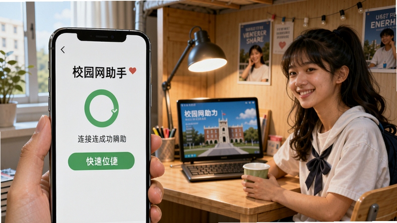 校园网助手一键连接功能示意图,手机界面显示连接成功状态,背景为宿舍书桌,画面充满青春校园气息,强调快速便捷的连接体验