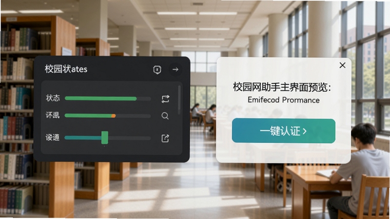 校园网助手主界面预览图,展示软件连接状态面板与一键认证按钮,背景为大学校园图书馆场景,画面清晰明亮,突出软件的简洁易用特点