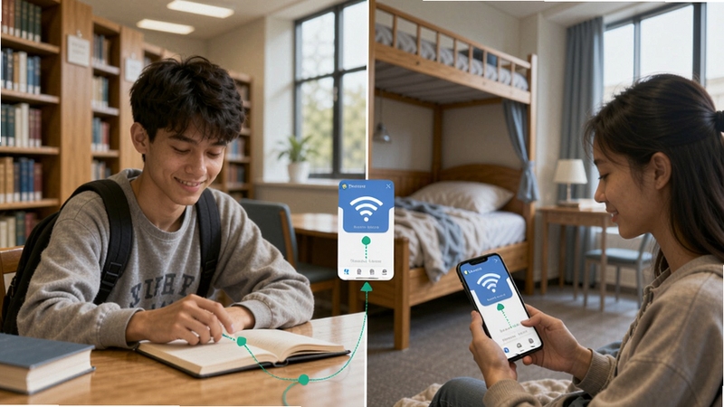 校园网助手用户使用场景图,学生在图书馆、宿舍、教学楼等多个场景使用手机连接校园网,画面温馨自然,突出软件的实用性与广泛适用性