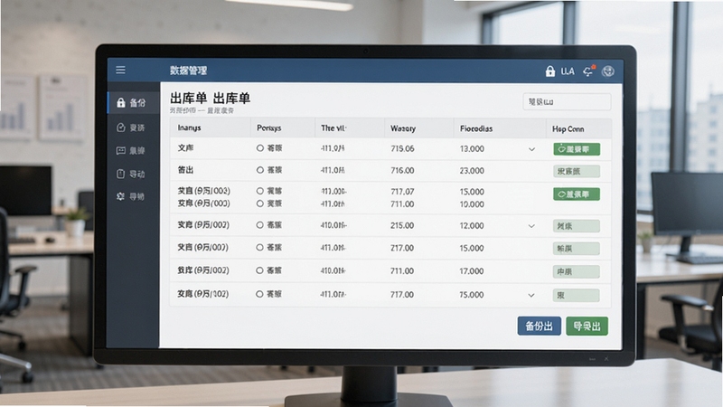 软件数据管理界面,显示最近打印的出库单记录列表,有备份与导出按钮,界面风格简洁,背景为办公环境,突出数据安全与备份功能