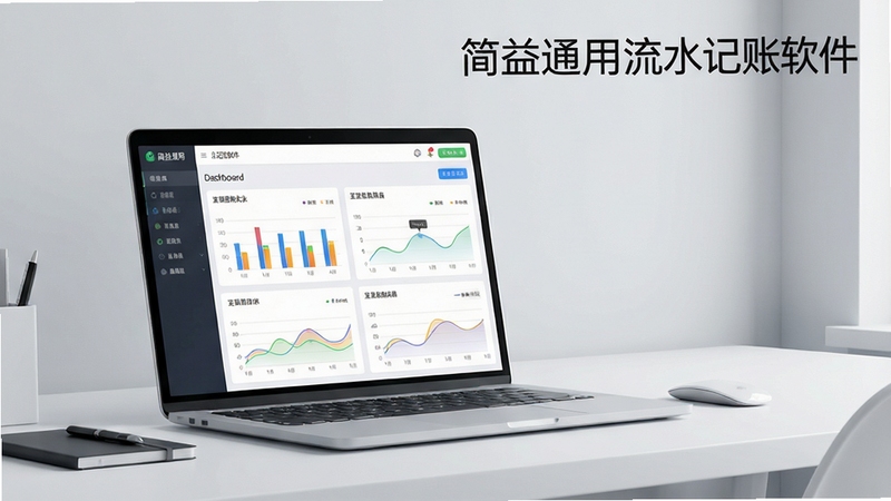 一张现代简约风格的办公桌场景,桌面上有一台笔记本电脑,屏幕中显示简益通用流水记账软件的仪表盘界面,包含彩色图表和收支曲线,背景为柔和的浅灰色调,光线明亮,突出软件界面清晰易用,整体画面干净专业,文字标识“简益通用流水记账软件”清晰可见。